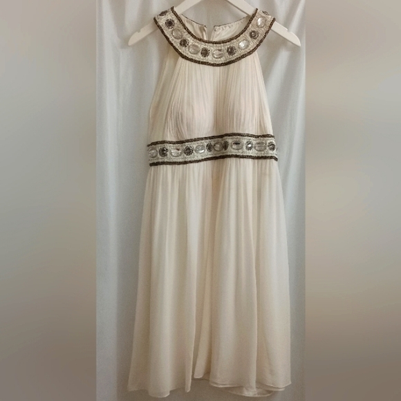 Caché Vintage Grecian Goddess Ivory Bejewelled Silk Dress- Size: 8 - Picture 1 of 16